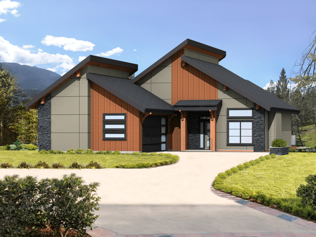 3D front view of beautiful new home with dark cultured stone, grey stucco and brown siding.